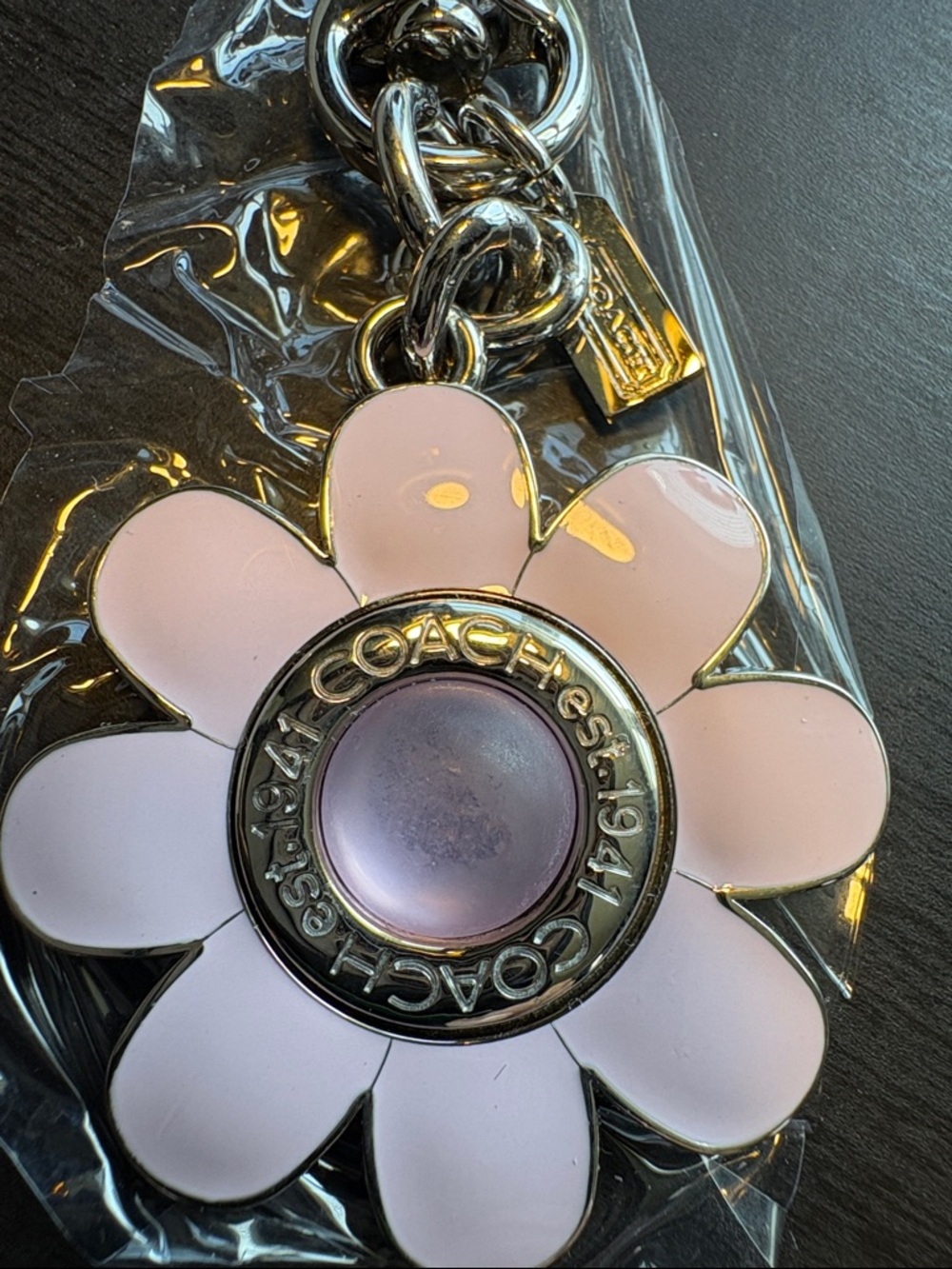 Coach Pink Flower Enamel Keychain Charm with Silver Hardware - Picture 2 of 4
